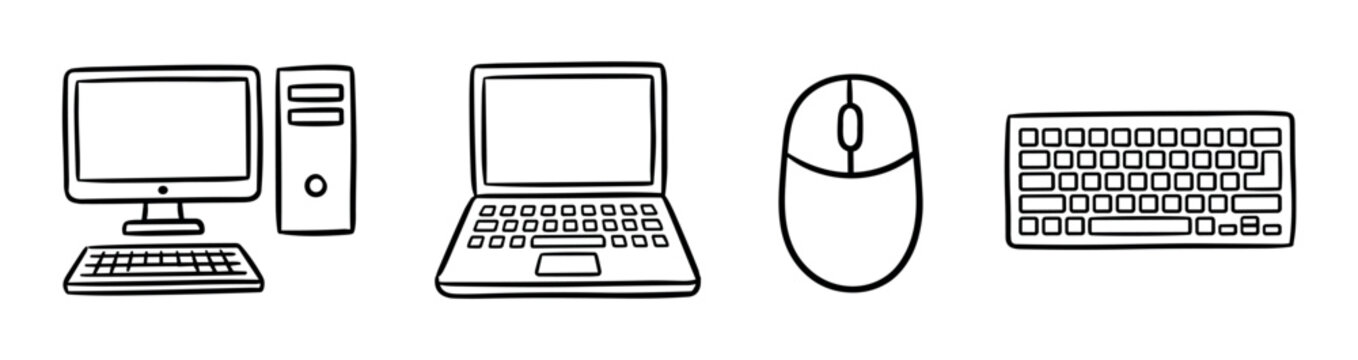 Desktop computer monitor CPU keyboard laptop mouse icons set, hand drawn doodle style vector illustration for technology and office equipment