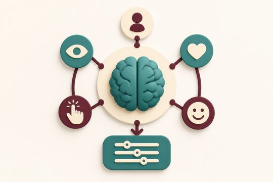 Calm human centered decision concept with brain and feedback icons for trust connection and emotional insight