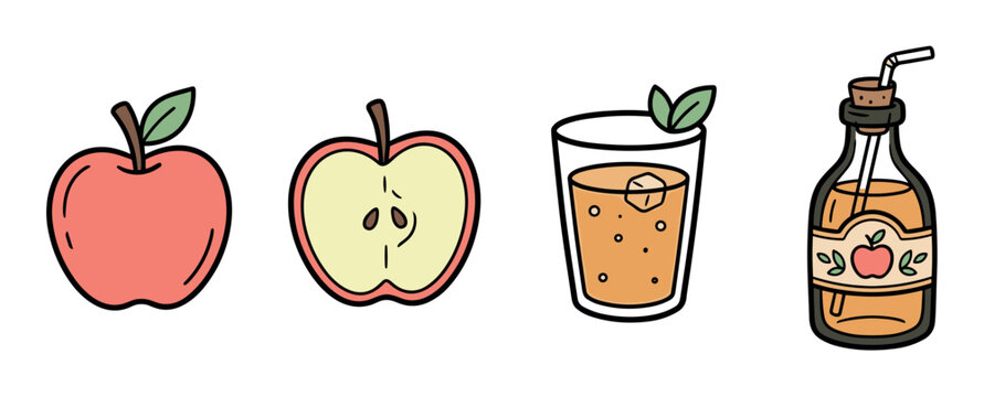 Whole apple, half apple, glass of apple juice with ice, and bottle of apple cider with straw icons, hand drawn style vector illustration