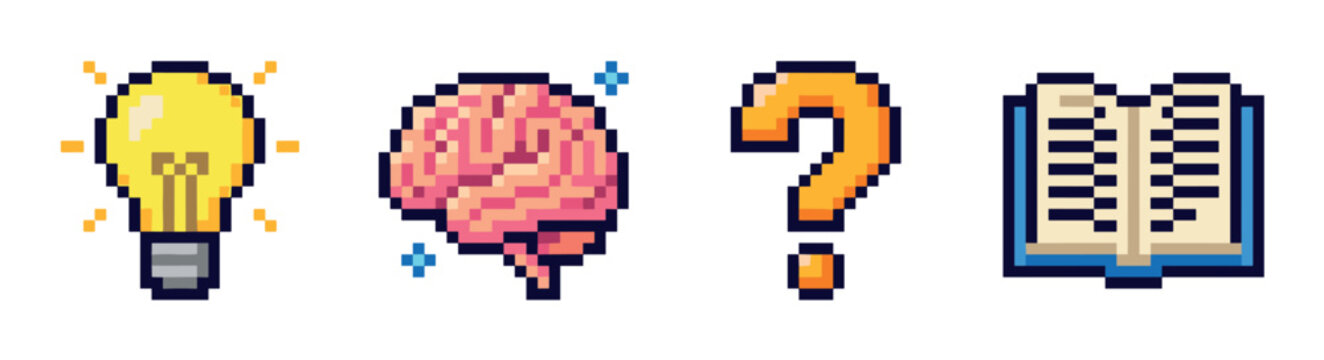 Lightbulb brain question mark book pixel art icons representing ideas, knowledge, and problem-solving in a retro video game style