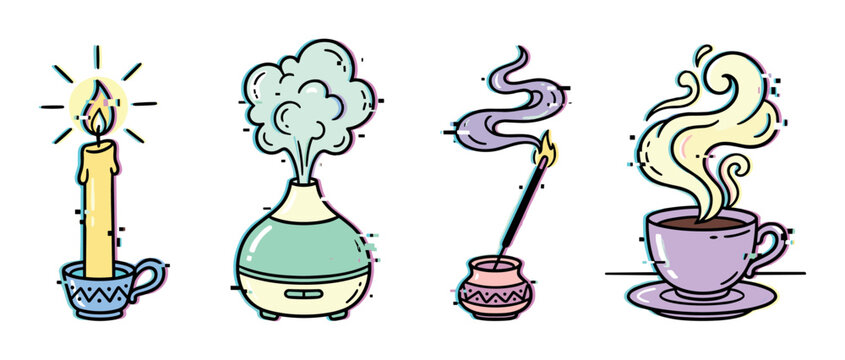 Burning candle, aroma diffuser, incense stick, and steaming coffee cup icons with glitch effect, vector illustration
