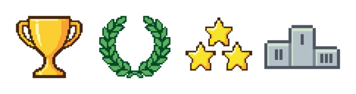 Golden trophy cup, green laurel wreath, three yellow stars, and a gray podium pixel art icon set, vector illustration for game design elements, achievement, and success concepts