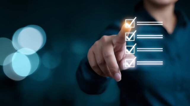 Business person checking digital checklist interface, task management and quality control concept, workflow automation, compliance, productivity, approval process and modern busine