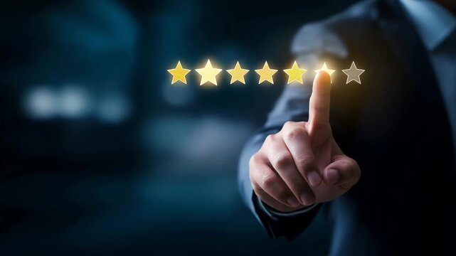 Businessman selecting positive satisfaction survey on digital interface, customer feedback and service review concept, rating score, user experience, quality evaluation, trust and