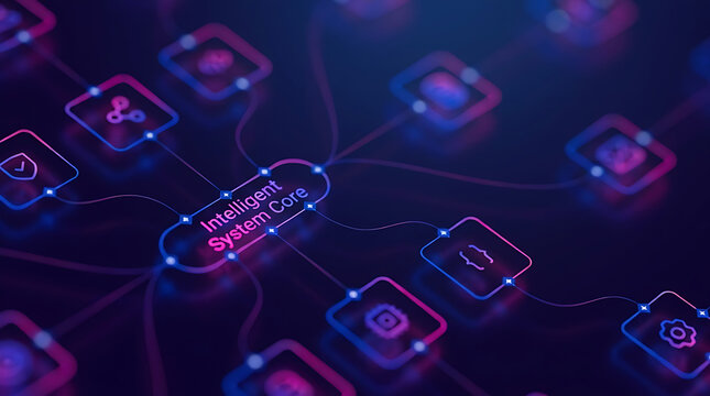 Futuristic intelligent system core network flowchart with glowing neon nodes illustrating artificial intelligence, data processing, and digital connectivity 