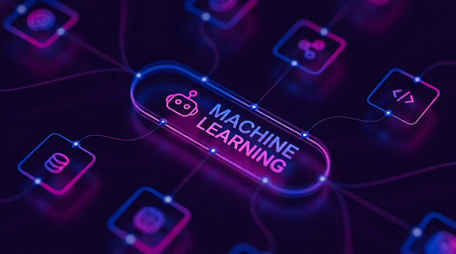 Futuristic machine learning mind map and flowchart concept illustrating artificial intelligence, data processing, and coding connections 