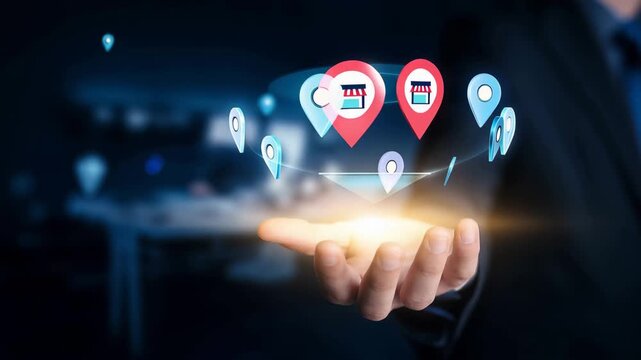 Businessperson holding glowing retail store location icon, local business and franchise search concept with map pins, shop network, digital marketing, geolocation and commercial se