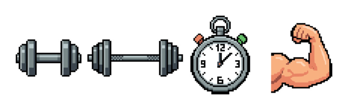 Dumbbells, stopwatch, and flexing arm pixel art icons representing fitness, strength, and workout progress in a retro video game style illustration