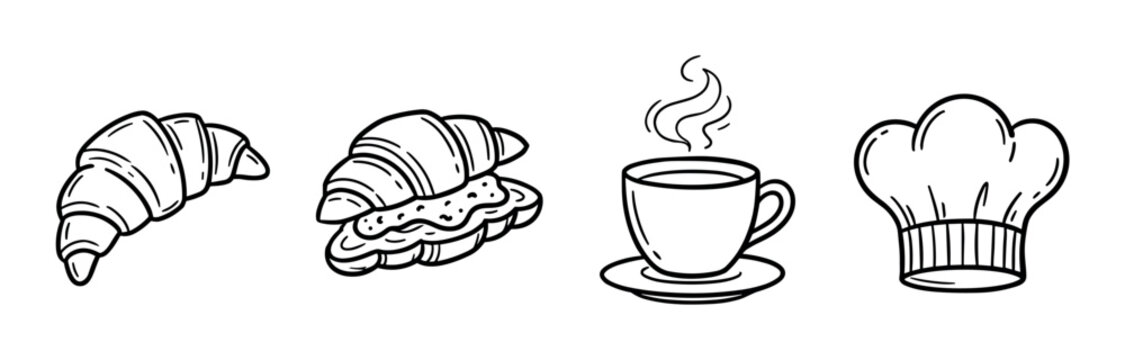 Croissant, sandwich, coffee cup, and chef hat icons representing breakfast, bakery, and cooking in a hand-drawn doodle style vector illustration