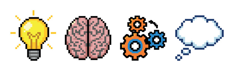 Fototapeta premium Lightbulb brain gears thought bubble icons representing ideas, intelligence, and problem-solving in pixel art style