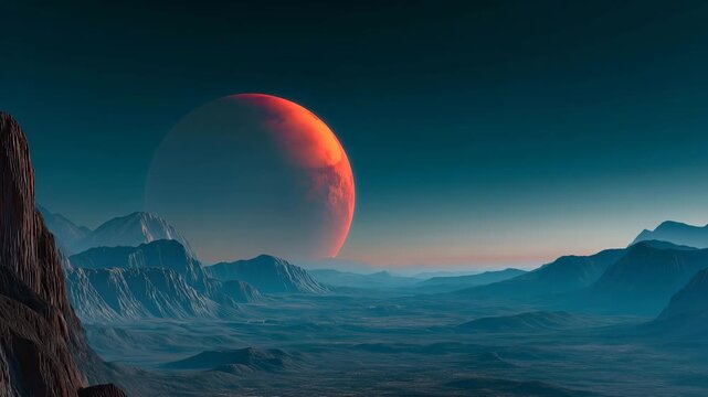 Alien planet rising over desert valley at twilight, cinematic sci fi landscape with red crescent moon, distant mountains, teal sky and mysterious extraterrestrial world atmosphere