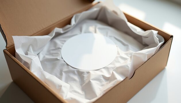 Open cardboard box packed with white tissue paper. Round blank sticker sits on top ready for custom logo or text design. Minimalist e-commerce packaging for product delivery.
