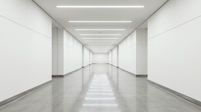 Vast empty modern museum gallery corridor with bright recessed lighting and polished reflective floor past minimal white walls