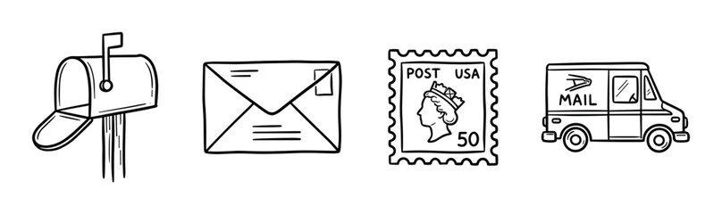 Obraz premium Mailbox, envelope, postage stamp, and mail delivery truck icons in a hand-drawn doodle style vector illustration set for communication and postal service concepts