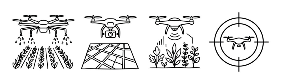 Agricultural drone spraying crops, mapping fields, monitoring plants, and targeting pests icon set, line art vector illustration