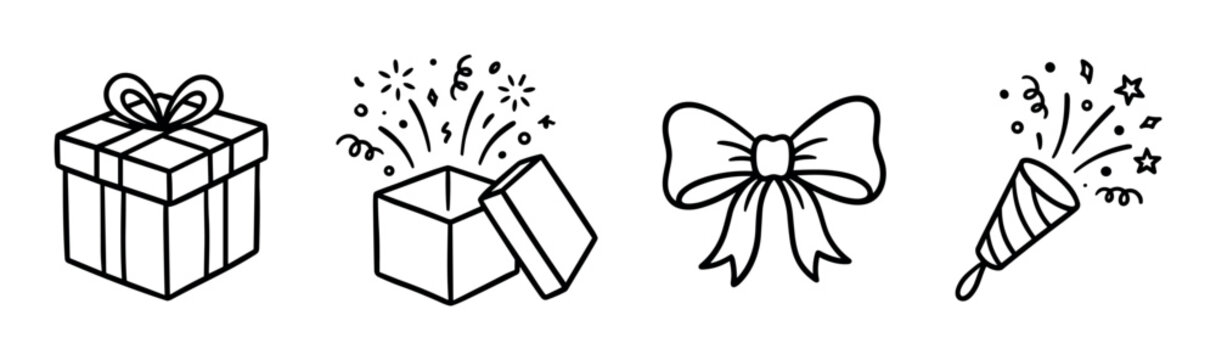 Gift box, exploding present, decorative bow, and party popper icons, hand-drawn doodle style vector illustration set for celebration and holidays