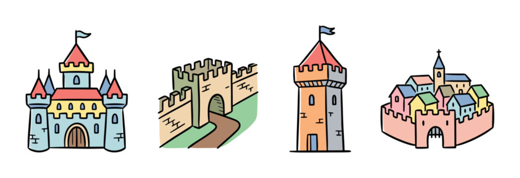Medieval castle, fortress wall, tower, and walled village icons in a charming hand-drawn doodle style vector illustration set for fantasy or history designs