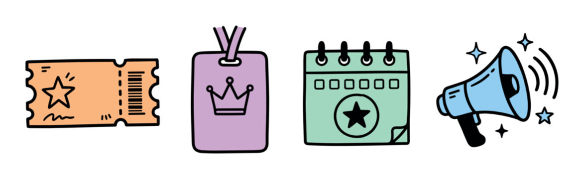 Ticket, badge, calendar, megaphone icons set, representing event, announcement, and VIP access in a hand-drawn doodle style vector illustration