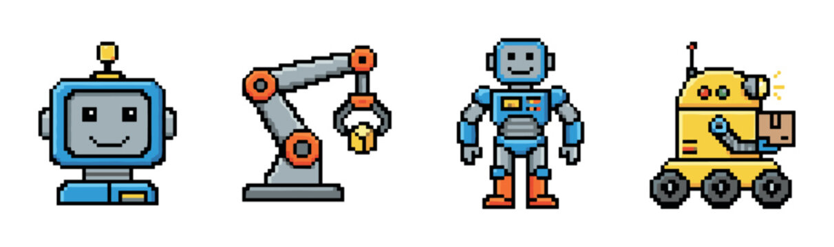 Robot head, industrial robotic arm, humanoid, and delivery bot pixel art icons, retro 8-bit video game style vector illustration