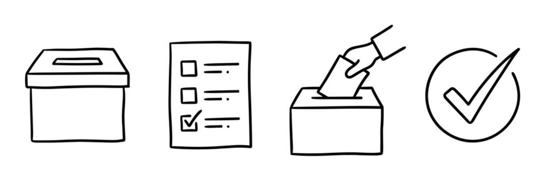 Ballot box, checklist, hand casting vote, and checkmark icons in a hand-drawn doodle style vector illustration set for elections and voting concepts