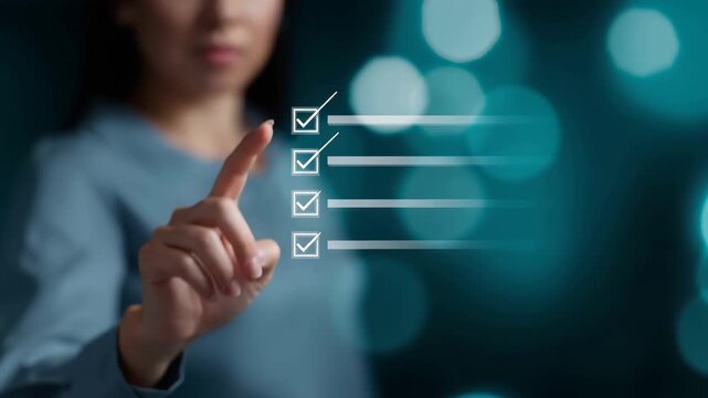 Business person checking digital checklist interface, task management and quality control concept, workflow automation, compliance, productivity, approval process and modern busine