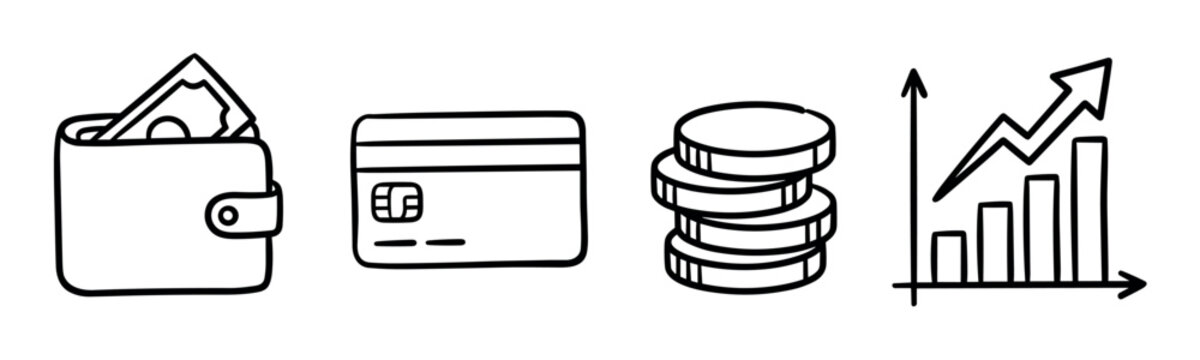Wallet with money, credit card, stacked coins, and a rising bar graph with arrow, hand-drawn doodle style vector illustration
