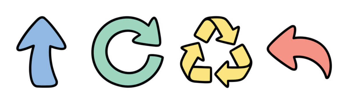 Up arrow, refresh symbol, recycling sign, and undo arrow icons in a colorful doodle style vector illustration