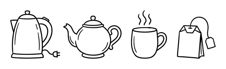 Obraz premium Electric kettle, teapot, steaming mug, and tea bag icons in a simple line art style, perfect for web or print designs related to hot beverages and kitchen appliances