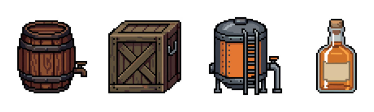 Wooden barrel, crate, industrial tank, and glass bottle pixel art icons, a collection of retro 8-bit style vector illustrations for game design or digital projects