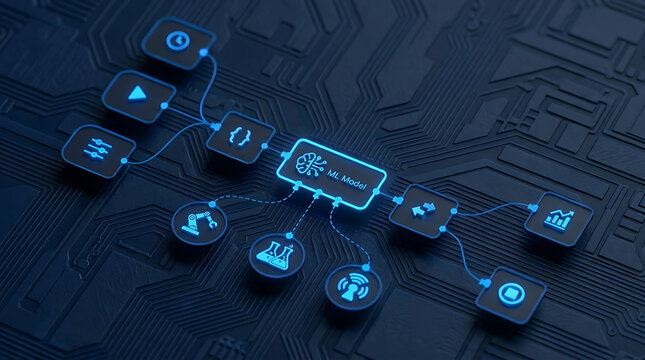 Futuristic machine learning model flowchart with glowing blue icons representing artificial intelligence workflow and industrial automation on a dark circuit board background