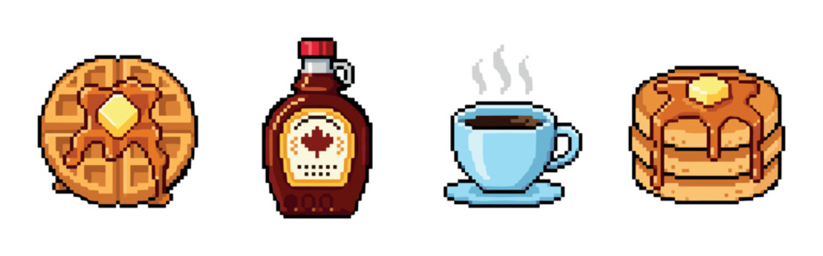 Waffle, maple syrup bottle, hot coffee cup, and pancake stack breakfast food pixel art icons set, retro 8-bit style vector illustration