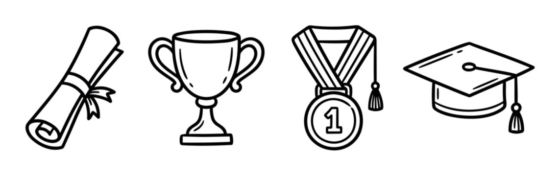 Diploma scroll, trophy cup, first place medal, and graduation cap icons, hand drawn doodle style vector illustration representing academic achievement and success
