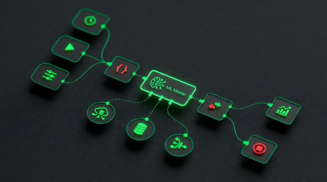 Futuristic machine learning model flowchart with glowing neon green icons representing artificial intelligence workflow and data processing 