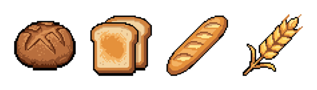 Loaf of bread, sliced toast, baguette, and wheat ear pixel art icons, representing bakery products and ingredients in a retro video game style