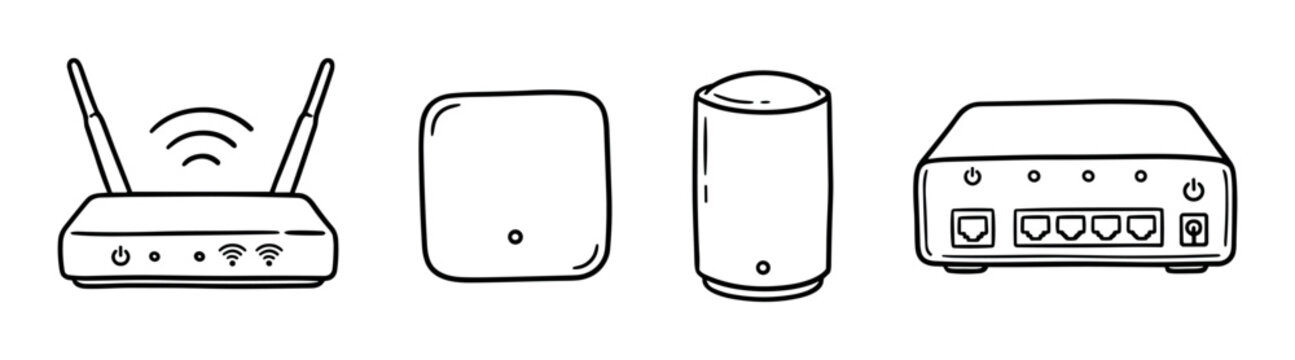 Wireless router, modem, and internet access point devices with antennas and ethernet ports, hand-drawn doodle style vector illustration