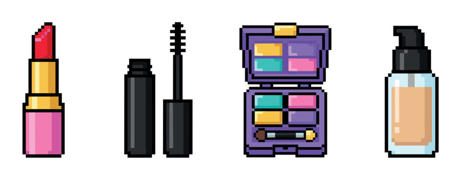 Lipstick, mascara, eyeshadow palette, and foundation bottle pixel art style vector illustration for beauty and makeup concepts