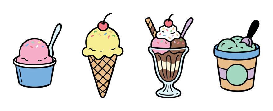 Ice cream cup, waffle cone, sundae glass, and pint container with scoops, sprinkles, and cherries, a delightful dessert vector illustration set