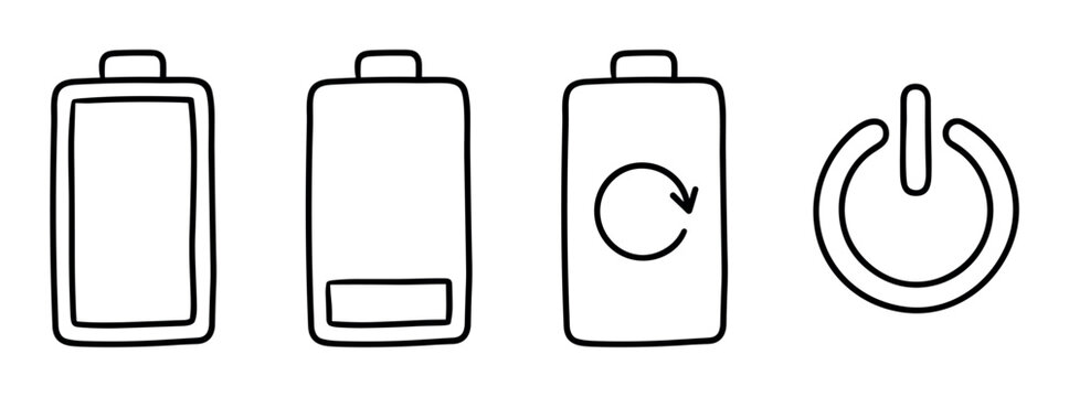 Battery charge level indicator, low battery, refresh symbol, and power on/off button icons in a hand-drawn doodle style vector illustration