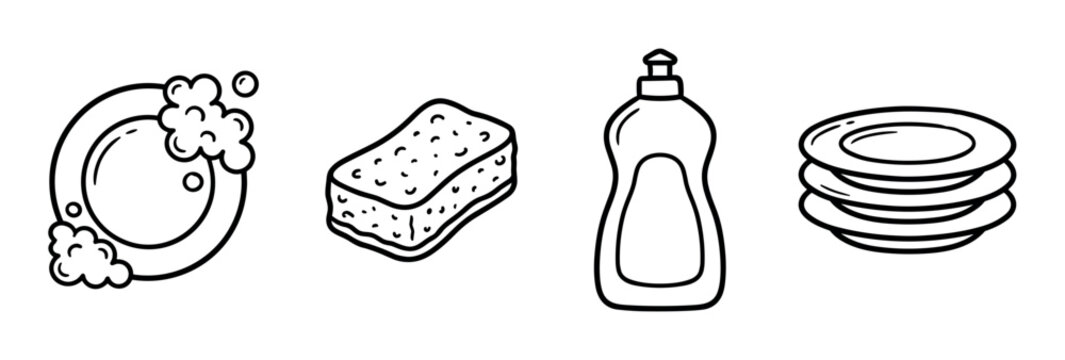 Dishwashing plate sponge detergent bottle stack of clean plates line art vector illustration set for kitchen and household chores