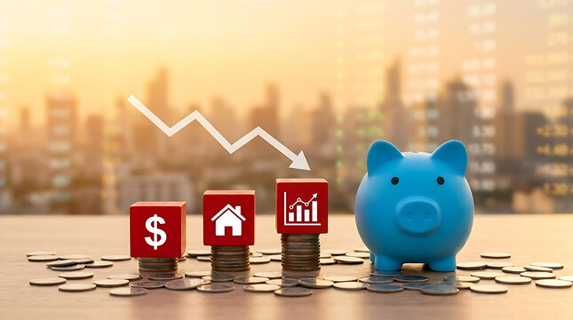 Piggy Bank with Coins and Financial Market Decline Concept Showing Economic Loss and Investment Risk
