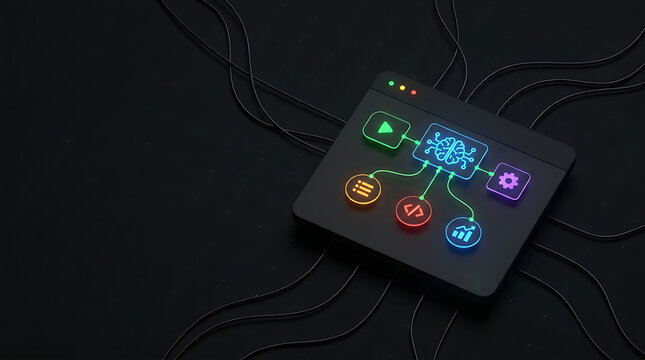 Futuristic artificial intelligence processing hub with glowing neon workflow icons, automation concepts, and connected cables on a dark background