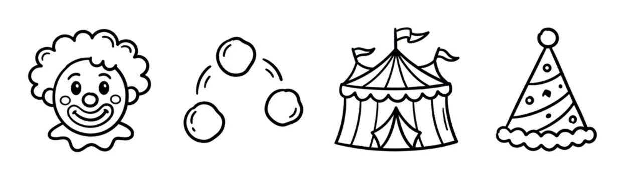 Clown face juggling balls circus tent party hat icons doodle style vector illustration for entertainment and celebration designs