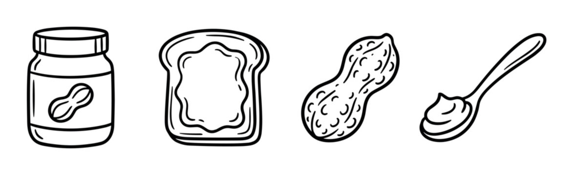 Peanut butter jar, bread slice, whole peanut, and spoon with spread icons, hand-drawn doodle style vector illustration