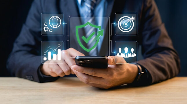 Businessman Using Smartphone with Cybersecurity Protection Shield and Digital Data Security Interface