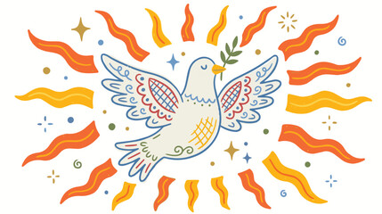 Fototapeta premium Flying dove with sun rays colorful folk vector peace illustration 