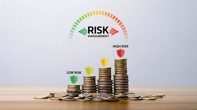 Financial Risk Management Concept with Stacked Coins Trophy and Risk Level Meter for Business Investment Analysis