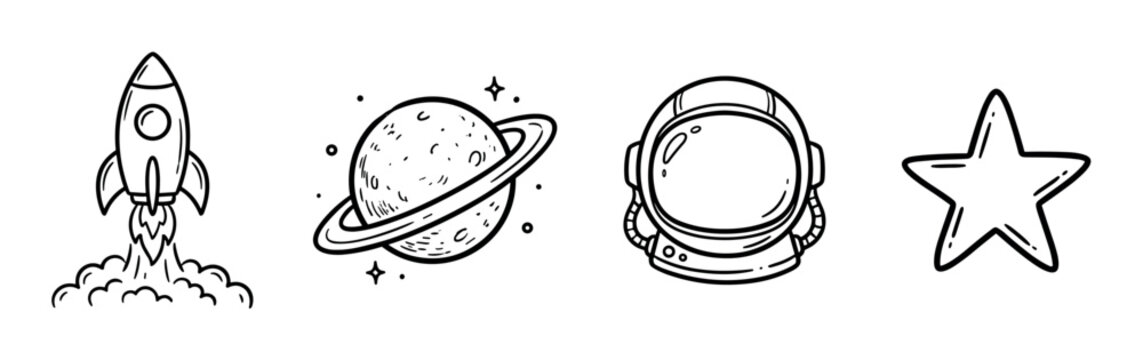 Rocket ship, planet, astronaut helmet, and star icons in a hand-drawn doodle style, representing space exploration and cosmic adventure