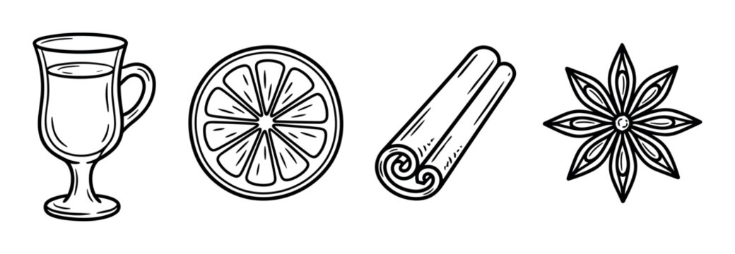 Mulled wine glass, orange slice, cinnamon sticks, and star anise spice icons, hand-drawn doodle vector illustration set