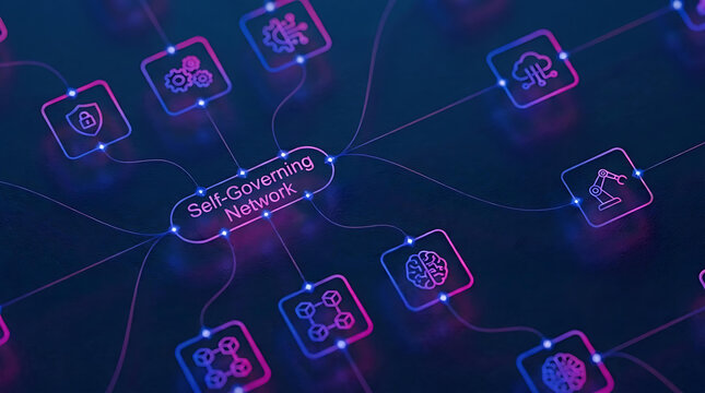Futuristic self-governing network concept with glowing technology ecosystem flowchart and icons on dark background