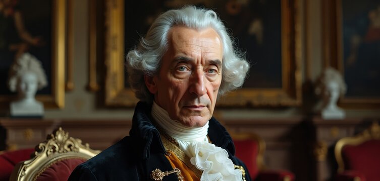 Elderly man in 18th century attire, powdered wig, ornate clothing. He looks thoughtful in a grand interior with artwork. Represents philosophy, law, history, and politics.